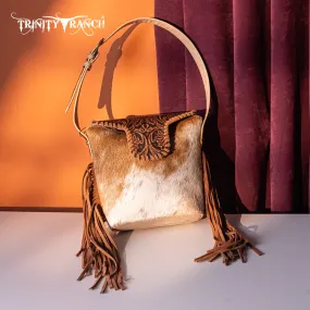 TR182-9181  Trinity Ranch Genuine Hair-On Cowhide Tooled Fringe Shoulder Bag- Tan