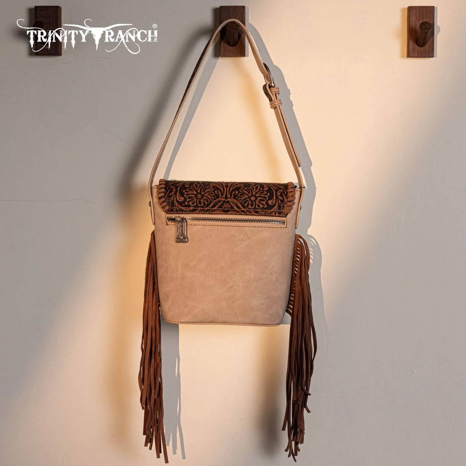 TR182-9181  Trinity Ranch Genuine Hair-On Cowhide Tooled Fringe Shoulder Bag- Tan