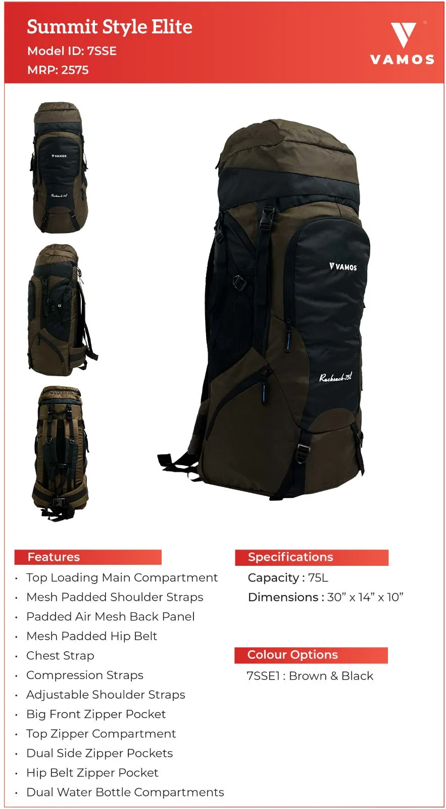 VAMOS Summit Style Elite Hiking Bag 7SSE1 - Capacity : 75L