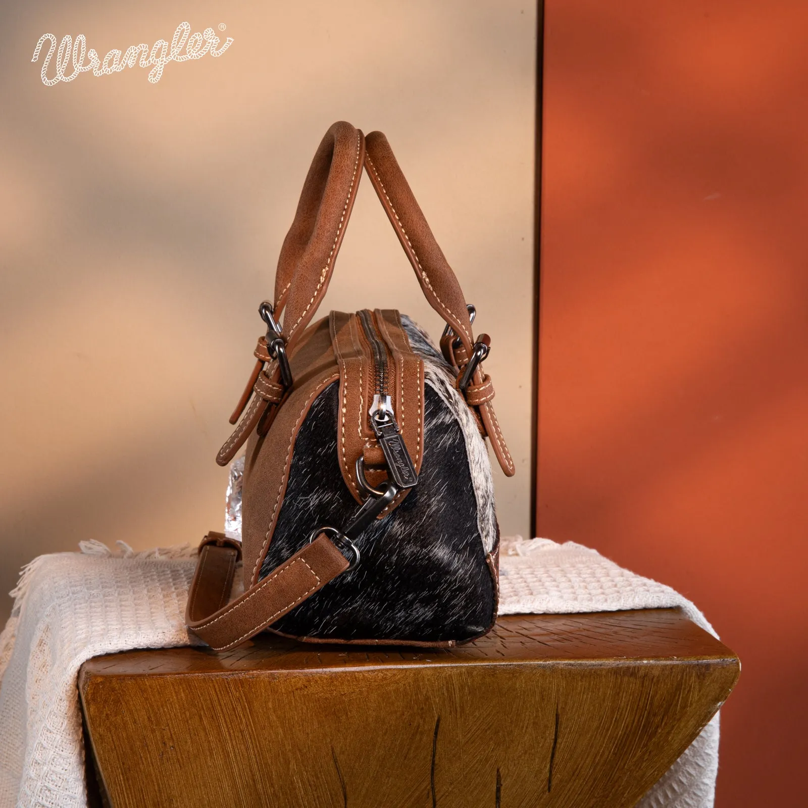 WG169-2025  Wrangler Genuine Hair-On Cowhide Barrel Bag/Crossbody - Brown