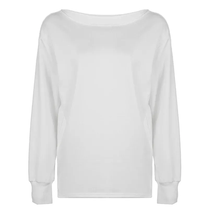 White Skew Collar Long Sleeve Top Fall Clothes 2024 Women Casual Basic Baggy T Shirts P67-BG32