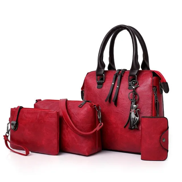 Women's Luxury Leather Purse and Handbags 4 Piece Set