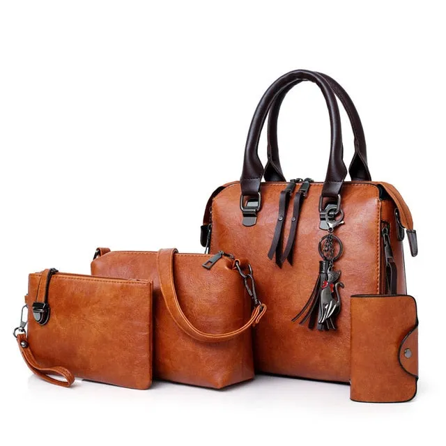 Women's Luxury Leather Purse and Handbags 4 Piece Set