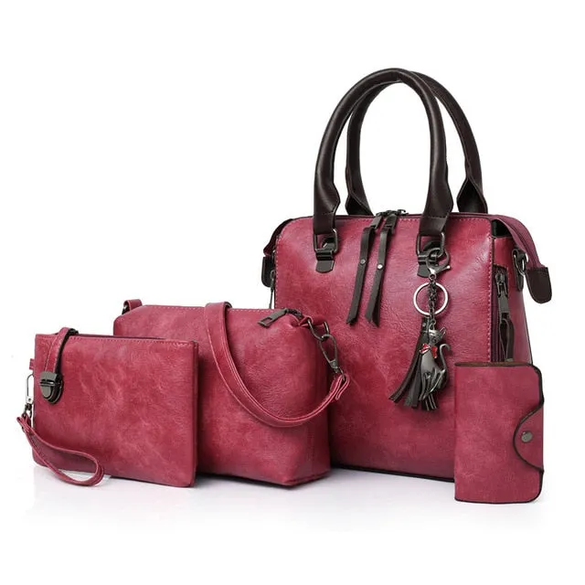 Women's Luxury Leather Purse and Handbags 4 Piece Set