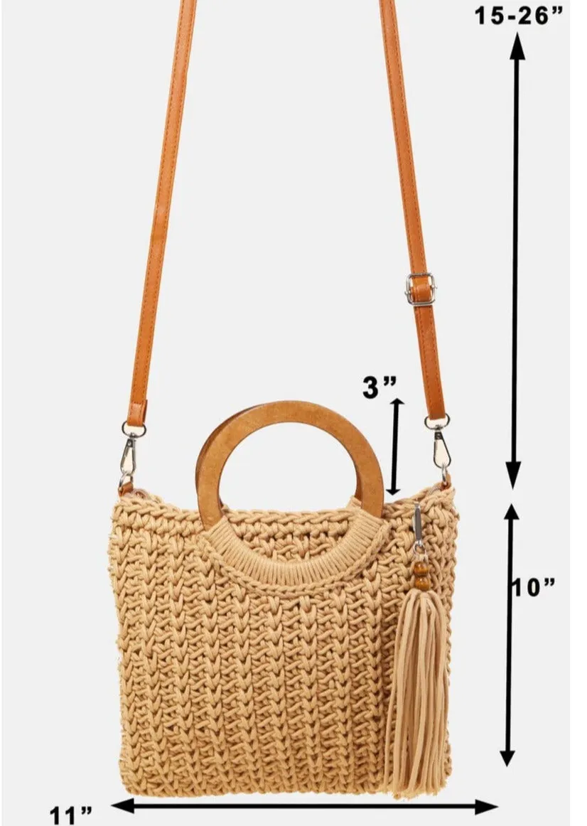 Wooden Hoop Handle Crochet Knit Cross-body Bag