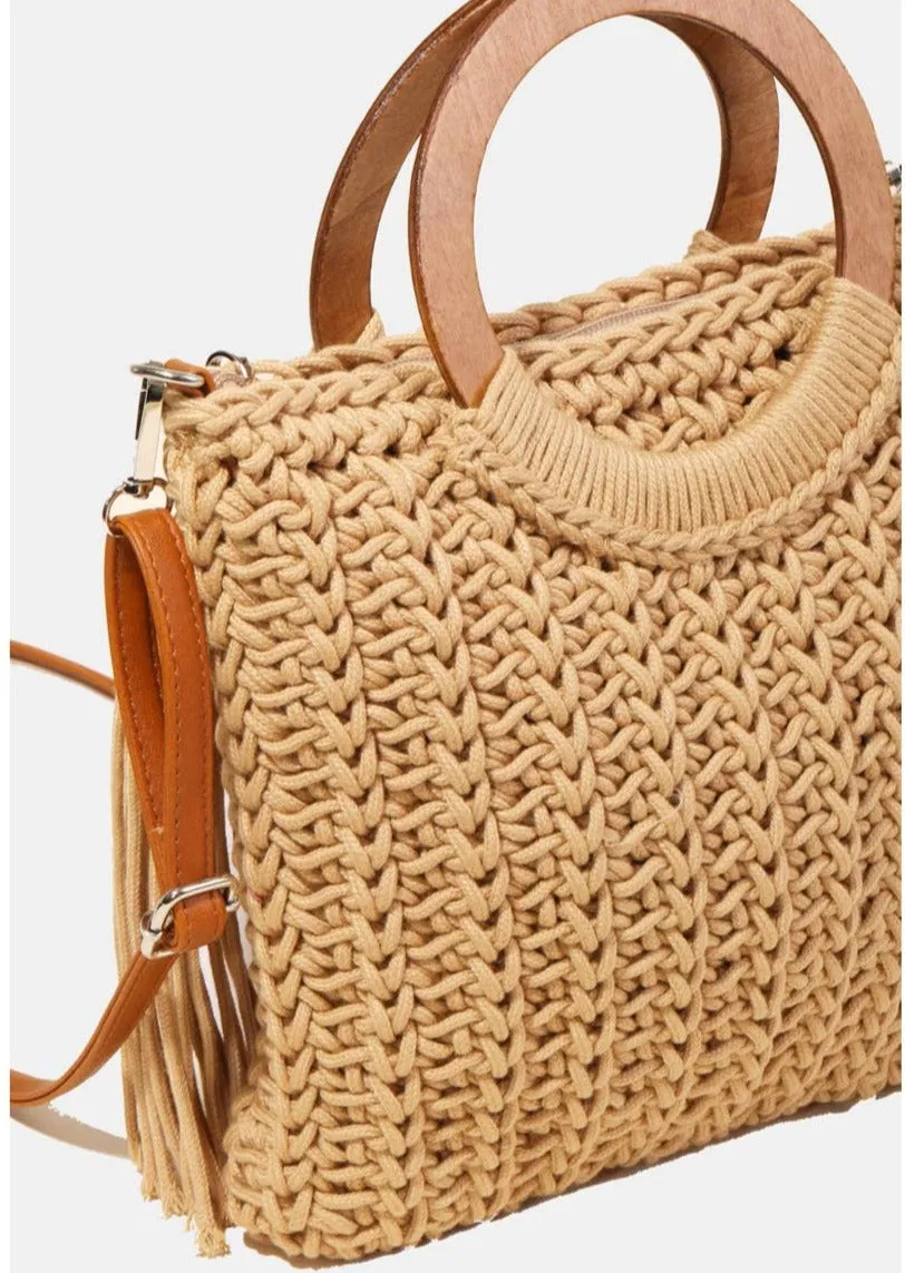 Wooden Hoop Handle Crochet Knit Cross-body Bag