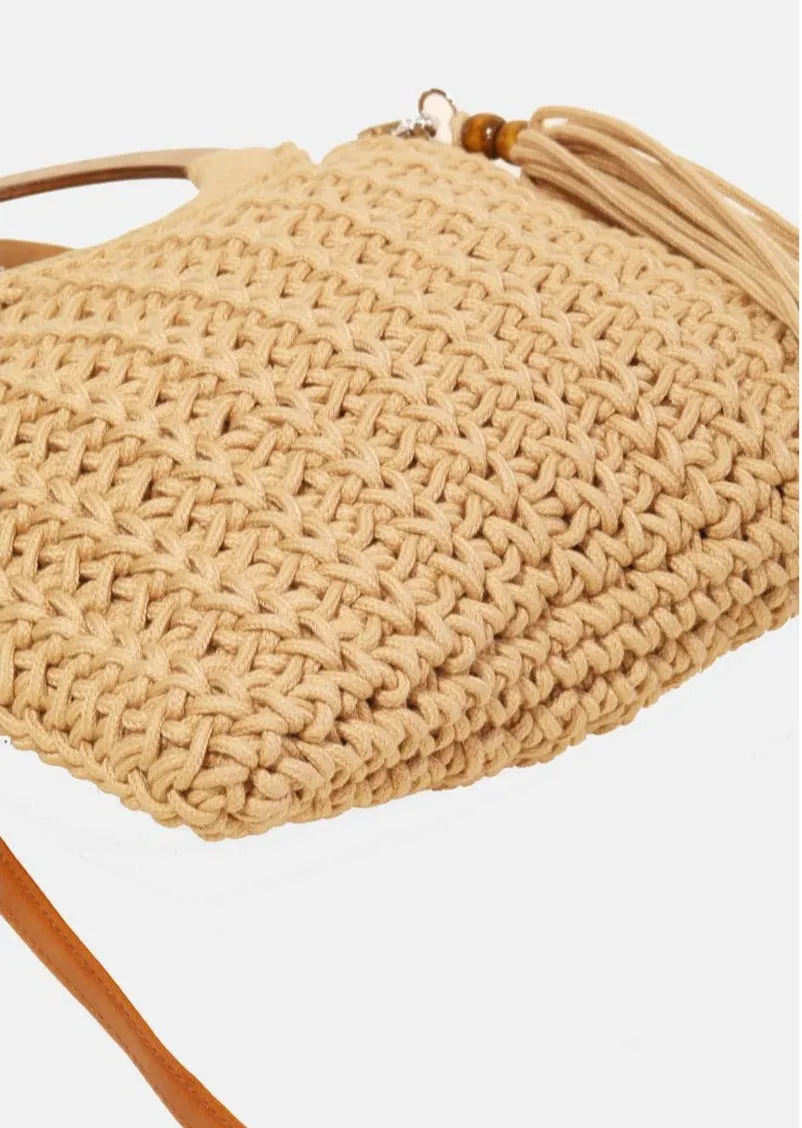 Wooden Hoop Handle Crochet Knit Cross-body Bag