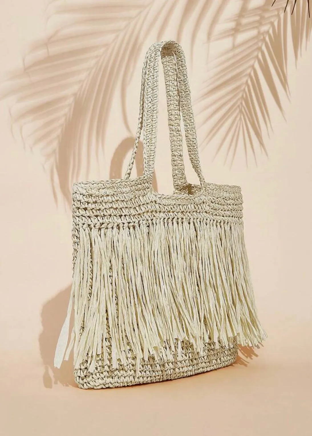 Woven Fringe Shoulder Tote Bag