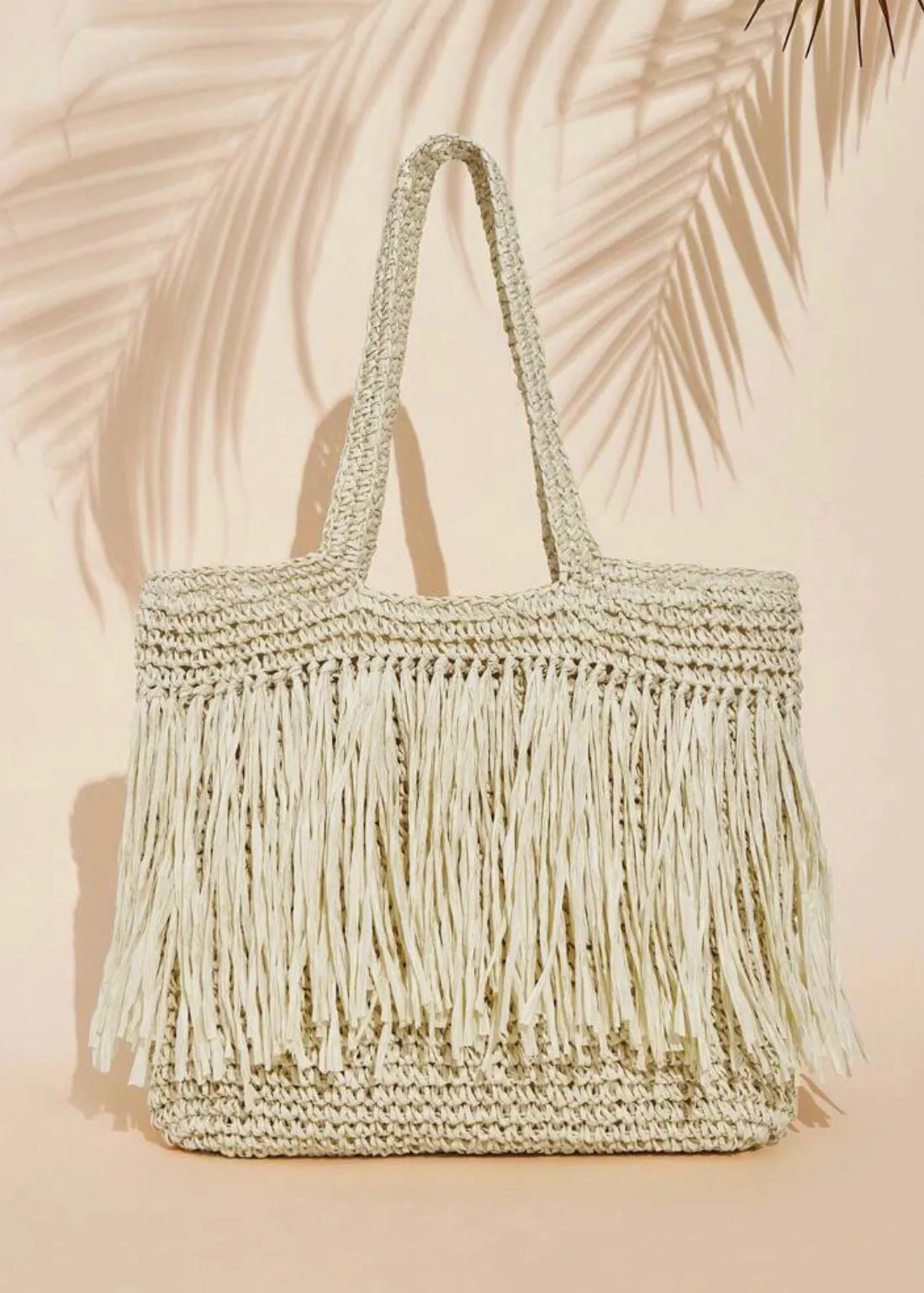 Woven Fringe Shoulder Tote Bag