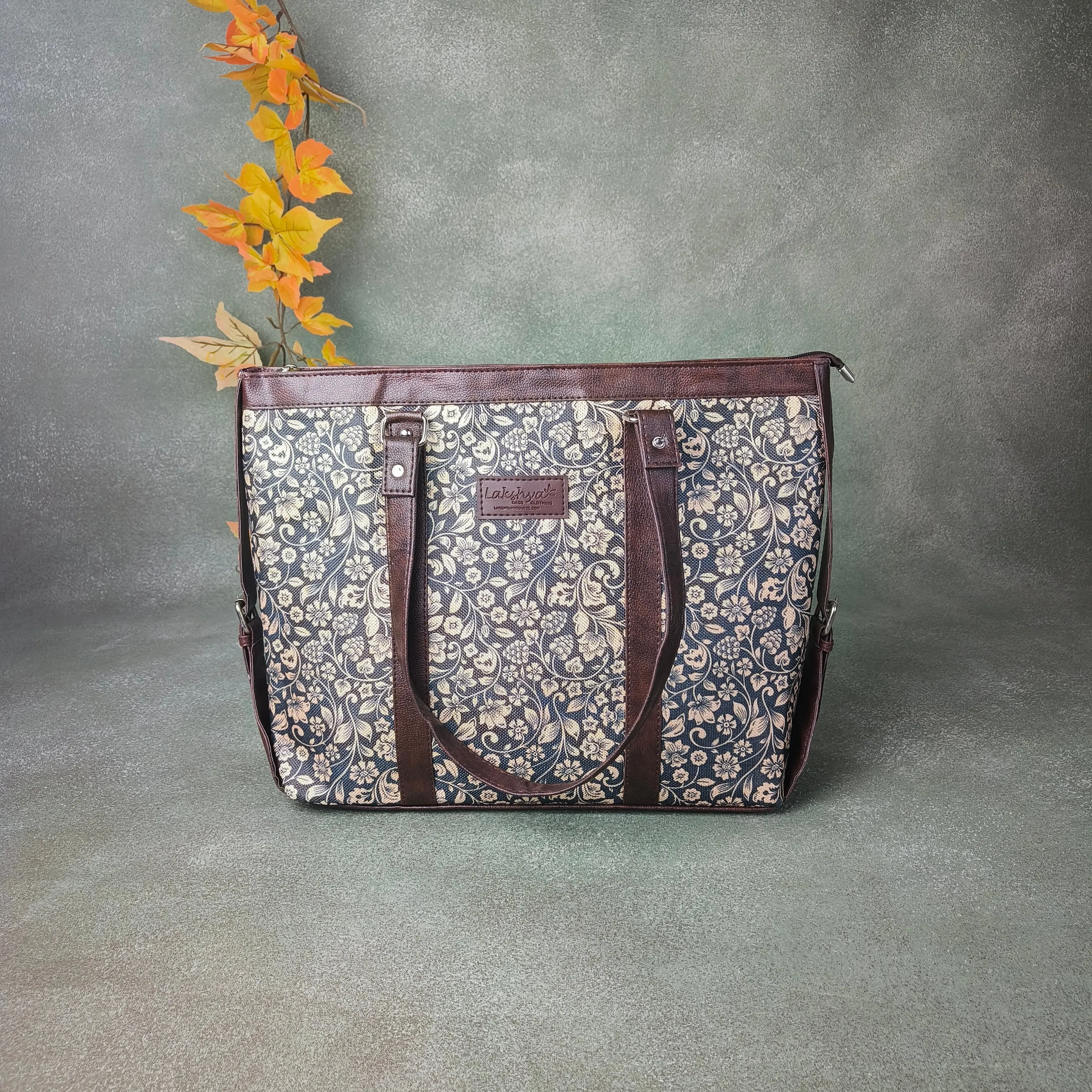 XL laptop Totes Black with Botanical Prints Design