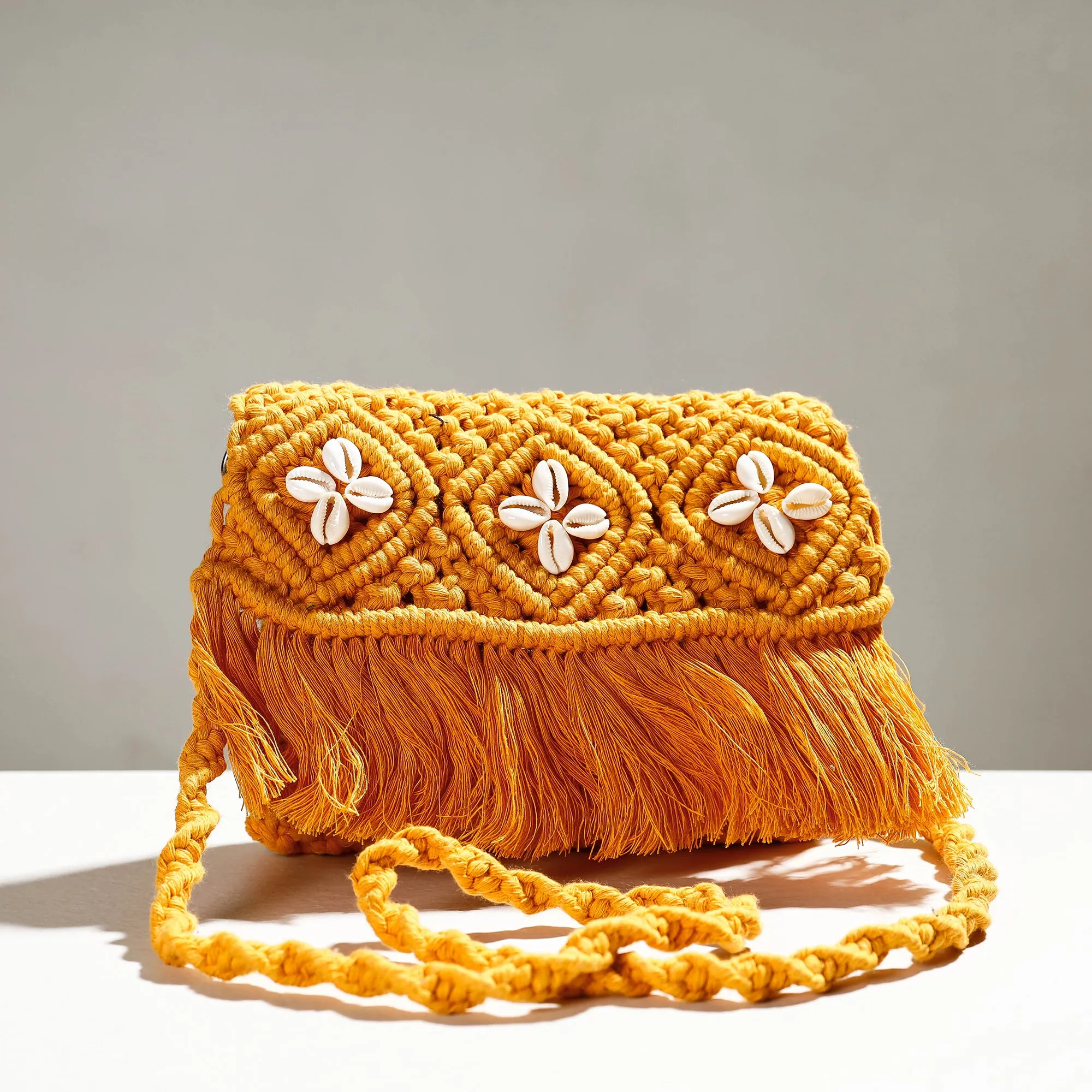 Yellow - Thread & Shell Work Handcrafted Macrame Sling Bag